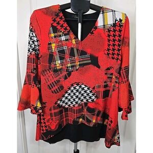 Calessa Women's Medium Tunic Top Abstract Plaid Patchwork Bell Sleeves Boho